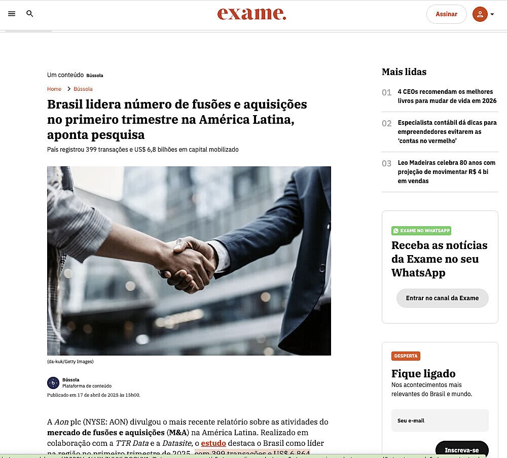 Brasil lidera n�mero de fus�es e aquisi��es no primeiro trimestre na Am�rica Latina, aponta pesquisa  Este � um trecho original publicado em Exame.com. Leia a mat�ria completa em https://exame.com/bussola/brasil-lidera-numero-de-fusoes-e-aquisicoes-no-pri